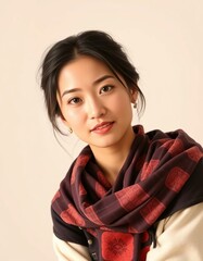 Portrait of a young woman with dark hair and a patterned scarf in a studio setting