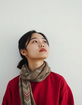 Portrait of a young woman with a scarf looking up against a white background wall