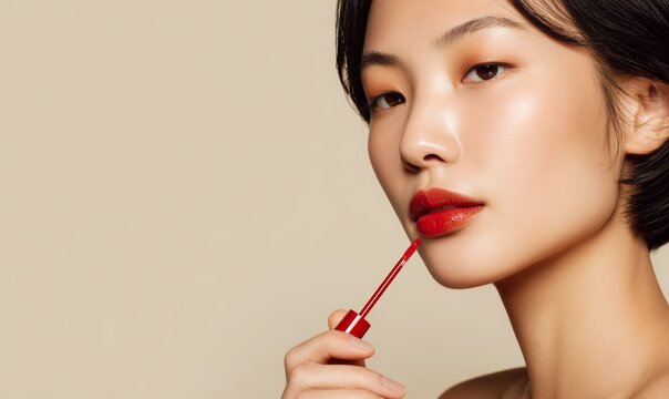 Asian woman applying red lip gloss. Beauty and makeup concept. Glamour cosmetics for face and self care.