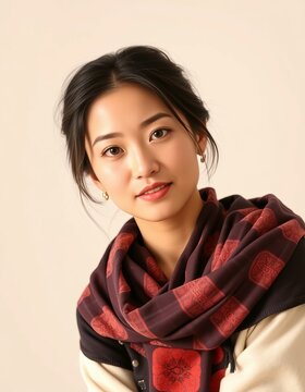 Portrait of a young woman with dark hair and a patterned scarf in a studio setting