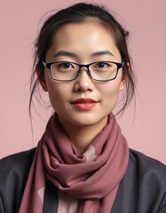 Portrait of a young woman with glasses and scarf against a pink background looking forward