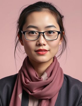 Portrait of a young woman with glasses and scarf against a pink background looking forward
