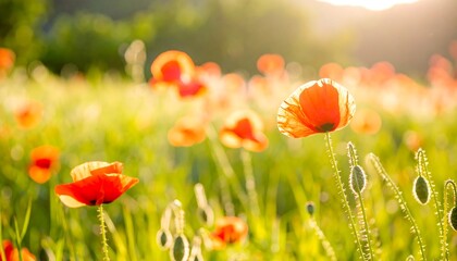 Obraz premium Vibrant red poppies bloom in a sunlit meadow, showcasing a cheerful, summery scene.