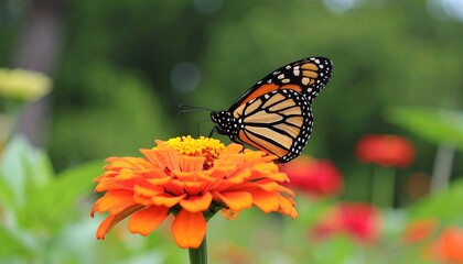 Obraz premium A monarch butterfly rests gracefully on a vibrant orange zinnia flower, bathed in soft sunlight.