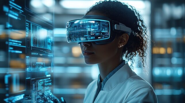 Woman in lab coat using virtual glasses to see information