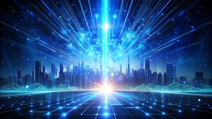 Futuristic cityscape illuminated by a vibrant blue digital network, symbolizing advanced technology and global connectivity