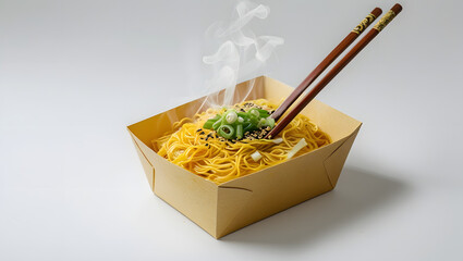 Hot Noodle Box with Chopsticks Sticking Out, Flat Minimal Vector Illustration, Asian Fast Food Takeaway, Isolated on Clean White Background