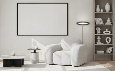 Modern minimalist living room with blank canvas for art, cozy white armchair, designer lighting, and elegant decor for lifestyle or interior design