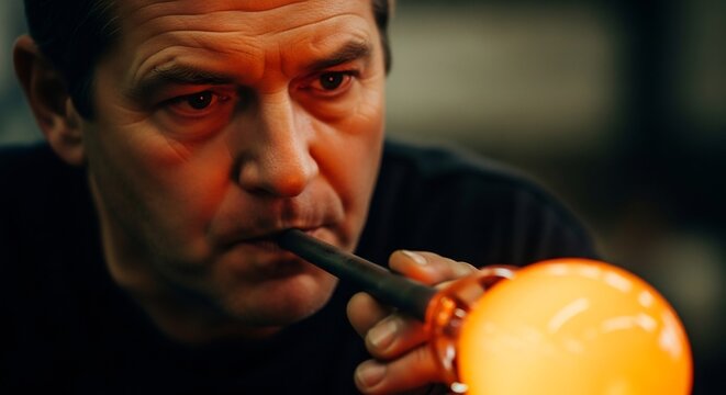 Skilled glassblower expertly shapes glowing molten glass with a blowpipe in a traditional artisan workshop.