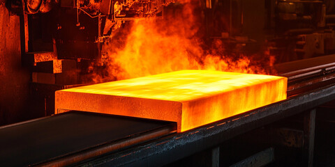 Glowing hot steel being processed in a metal workshop Generative AI