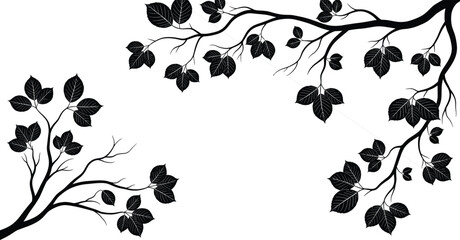 Vector leafy corner branches, elegant black silhouette, botanical nature design, perfect for framing, invitations, cards, and decorative layouts