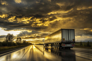 Obraz premium Semi-truck drives down highway under dramatic sunset skies Generative AI
