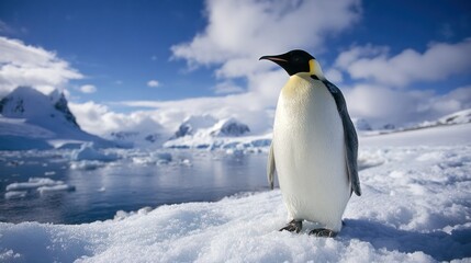 Fototapeta premium Majestic penguin standing in stark white snow, icy mountains in the backdrop against blue skies