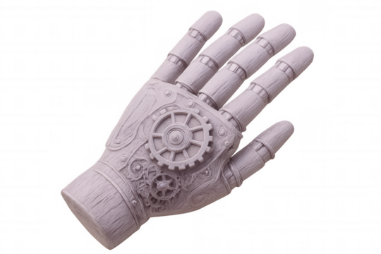 3d rendering of a wooden robotic hand with visible gears and mechanisms, isolated on transparent background