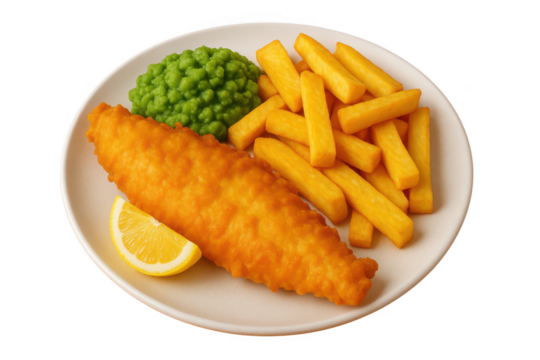 Classic fish and chips meal plated well isolated illustration on transparent background