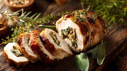 Roasted Turkey Breast with Stuffing Slices on Wood. Perfect for holiday designs, Thanksgiving marketing, and festive web content.