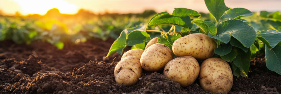 Fresh potatoes grow in a sunlit field at harvest time Generative AI