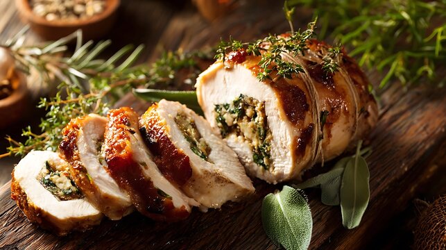 Roasted Turkey Breast with Stuffing Slices on Wood. Perfect for holiday designs, Thanksgiving marketing, and festive web content.