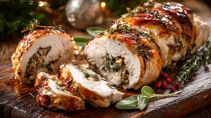 Carved Turkey Roulade sits on wooden board. Food photography. Perfect for culinary marketing, food blog, cookbook illustration, and web use.