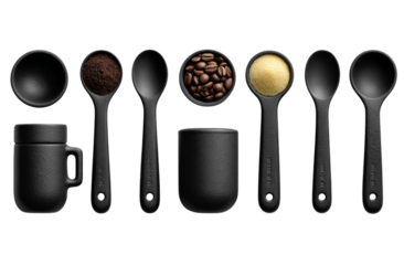 Minimalist black plastic kitchen utensils design, with an oversized spoon and the rest of the set in smaller sizes. isolated on a transparent background in PNG format.