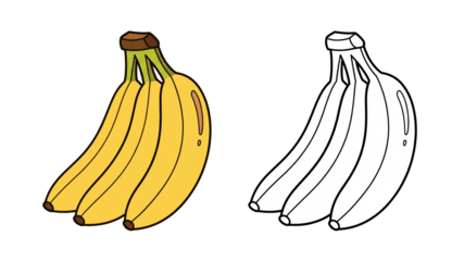 Banana bunch illustration vector isolated transparent PNG, ripe yellow fruit clipart, tropical food design, cartoon drawing, healthy snack image, outline coloring page
