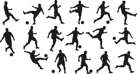 Vector illustration of football player silhouettes, dynamic poses, sport, kicking, dribbling, action, championship, team, tournament, exercise, competition.