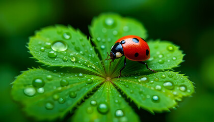 Obraz premium Close-up macro shot of red ladybug on green leaf with dew drops symbolizing freshness.
