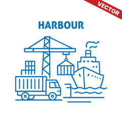 Harbour with cargo ship and crane, outline graphic illustration of industrial port logistics.