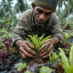 Close Up of Farmer Planting Sapling in Lush Green Tropical Field