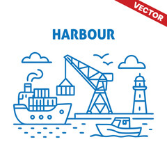Harbour with cargo ship and crane, outline graphic illustration of logistics and shipping operations in port