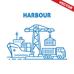 Harbour with cargo ship, crane, and lighthouse, outline graphic illustration of port and maritime transport systems