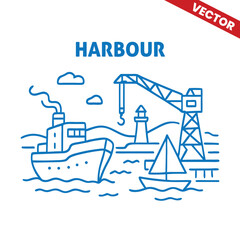 Naklejka premium Harbour with container crane and cargo ship, outline graphic illustration of seaport logistics and transportation