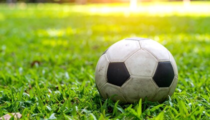 Fototapeta premium A well-worn soccer ball rests on a vibrant patch of green grass, bathed in soft sunlight.