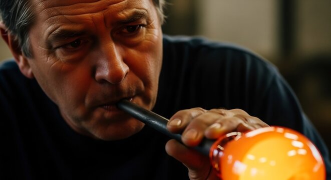 Skilled glassblowing craftsman intently shaping hot molten glass art with a blowpipe in a traditional workshop