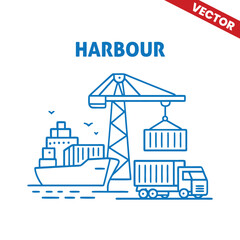 Harbour with cargo ship, crane, and dockside, outline graphic illustration of seaport and maritime transport operations