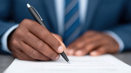A man is writing with a pen on a piece of paper