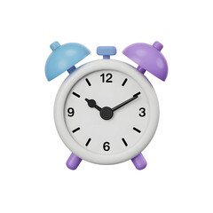 Cartoon alarm clock with blue and purple details on a clean black background representing time and schedule management