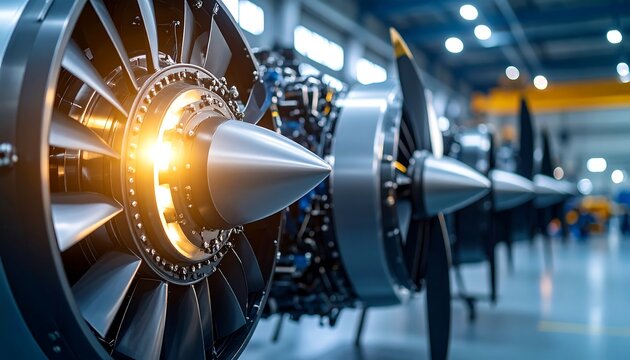 Close-up of jet engines in a factory, representing aviation technology production