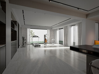 fitness equipment and modern living room, 3d render