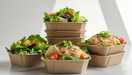 Stack of Eco-Friendly Paper Containers with Salad and Noodles, Flat Minimal Vector Illustration, Healthy Takeaway Meal on White Background