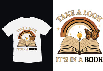 Inspirational Book Lover T Shirt Design Open Book with Butterfly, Rainbow and Light Bulb Reading Graphic