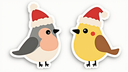 Fototapeta premium Festive bullfinch and tit wearing Santa hats in minimalist design, colorful sticker illustration for holiday decor and seasonal celebrations.