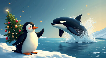 Obraz premium Chubby penguin holding a decorated Christmas tree while a smiling orca leaps from the ocean in a sparkling icy seascape, capturing the joyful holiday spirit for festive greetings.