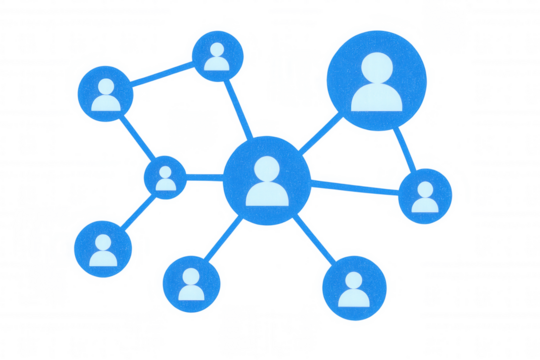Blue icons representing people are connecting together, creating a network, on a transparent background