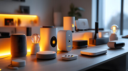 A collection of smart home devices arranged on a table with warm lighting in the background scene