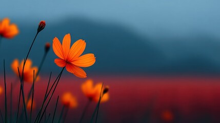 A field of orange flowers with a blue sky in the background
