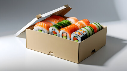 Sushi Delivery Box with Neatly Arranged Rolls, Minimal Flat Vector Illustration of Japanese Food Isolated on White Background
