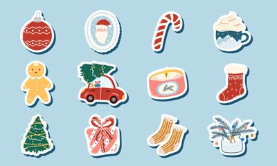 Cute Christmas New Year vector sticker set: Santa, candy cane, gingerbread man, car with Christmas tree, candle, gift, socks, jar with pine branches. Perfect for holiday decor, cards, digital projects