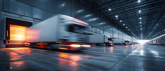 Motion blur of logistics trucks that come to the distribution center to load and distribute goods. Ai generate.