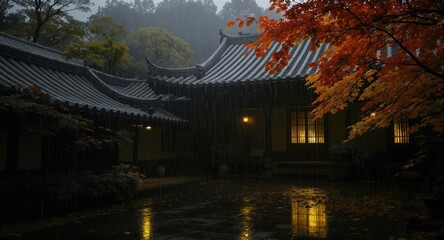 Obraz premium Traditional Asian courtyard with illuminated windows during a rainy evening surrounded by autumn foliage